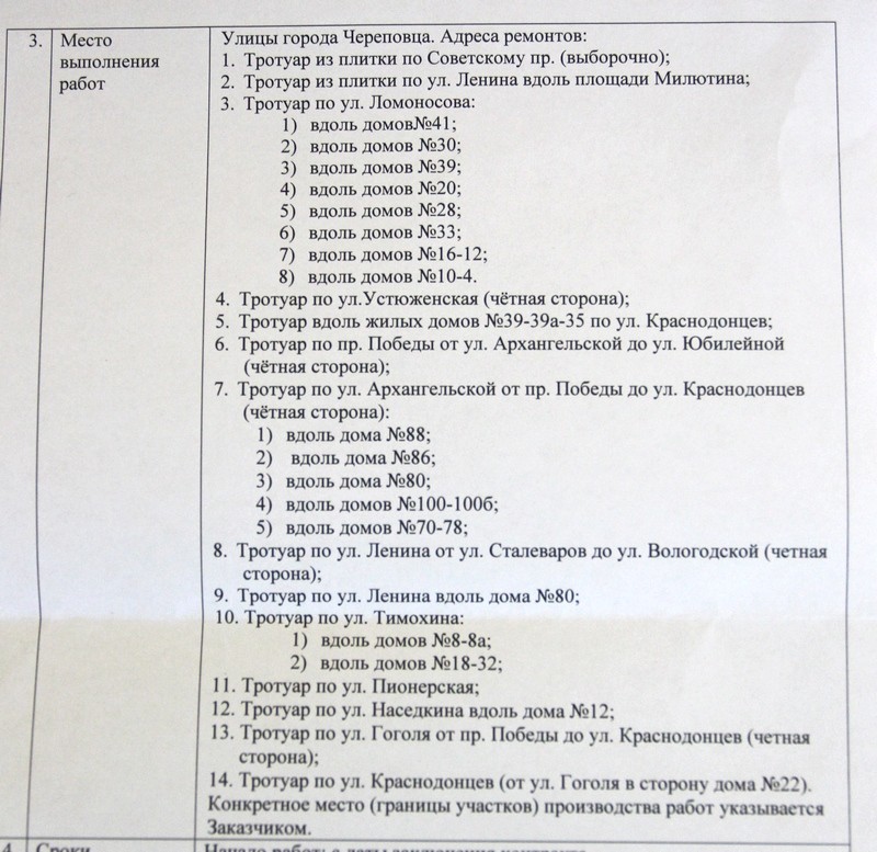 Список тротуаров в плане ремонта на лето 2015, Череповец